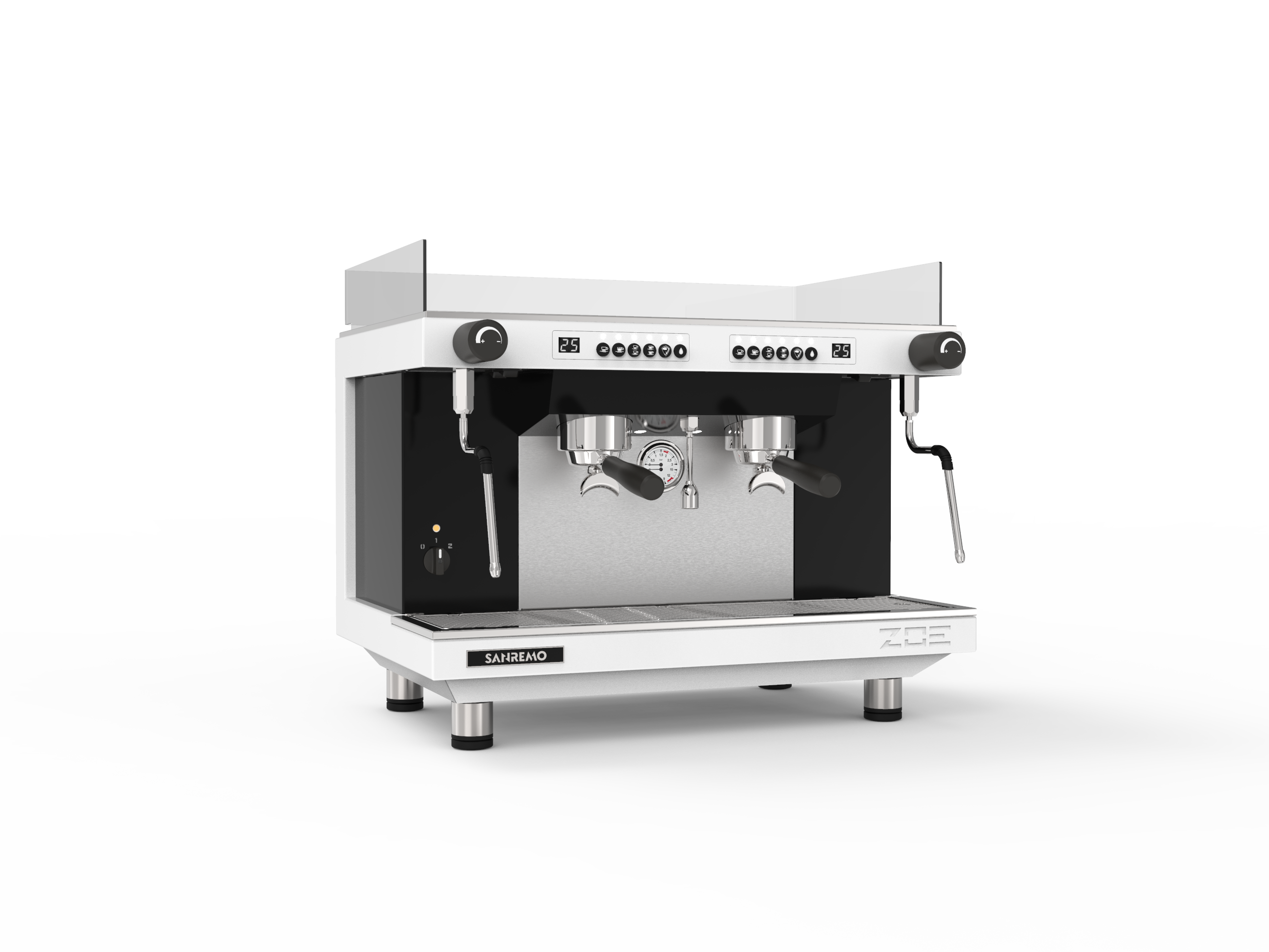 Sanremo ZOE Competition Tall Espresso Machine 2GR White/Black Front 3-4 for professional café use