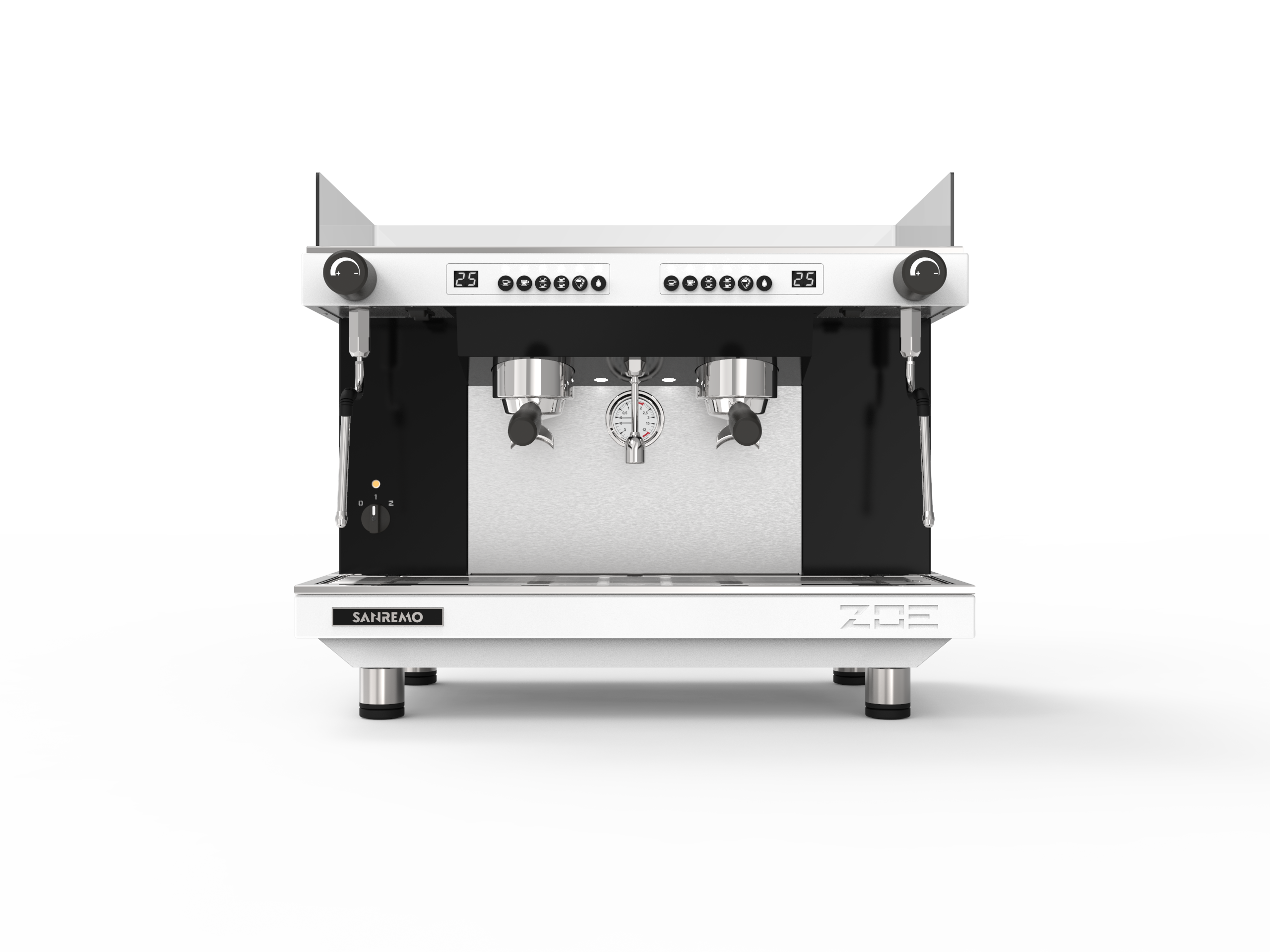 Sanremo ZOE Competition Tall Espresso Machine 2GR White/Black Front for professional café use