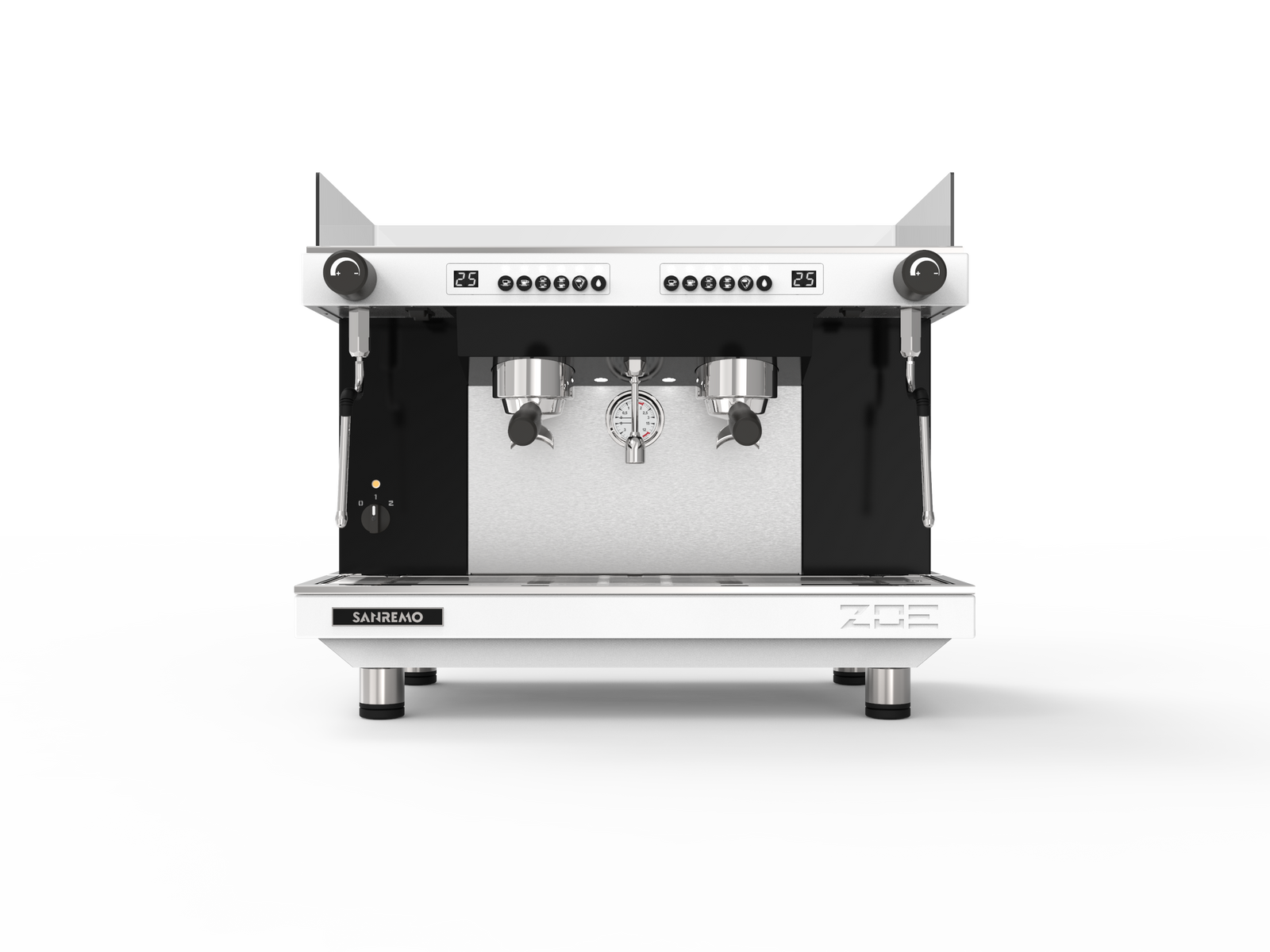 Sanremo ZOE Competition Tall Espresso Machine 2GR White/Black Front for professional café use