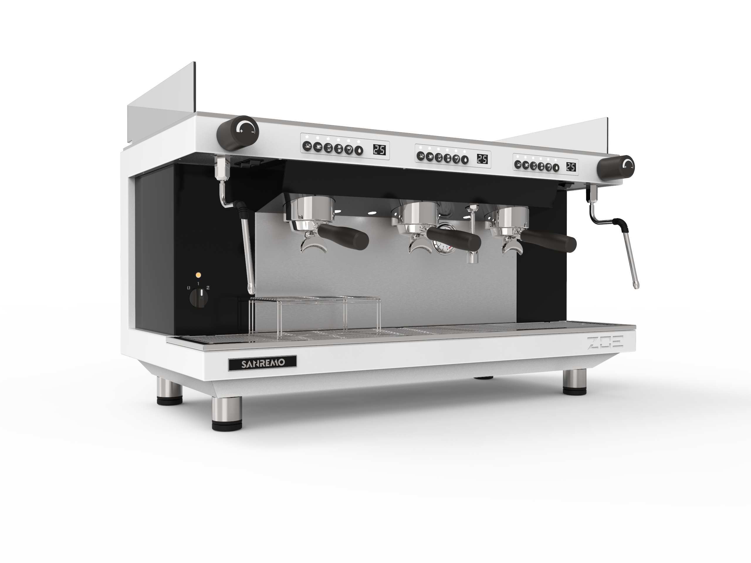 Sanremo ZOE Competition Tall Espresso Machine 3GR White/Black Front 3-4 for professional café use