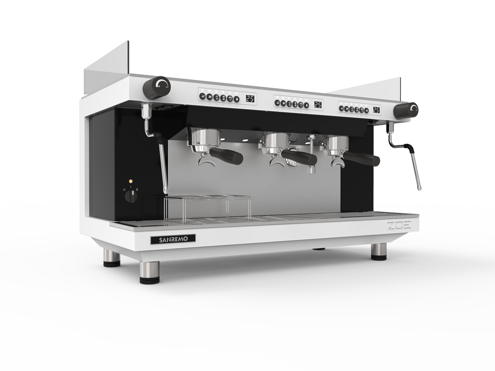 Sanremo ZOE Competition Tall Espresso Machine 3GR White/Black Front 3-4 for professional café use