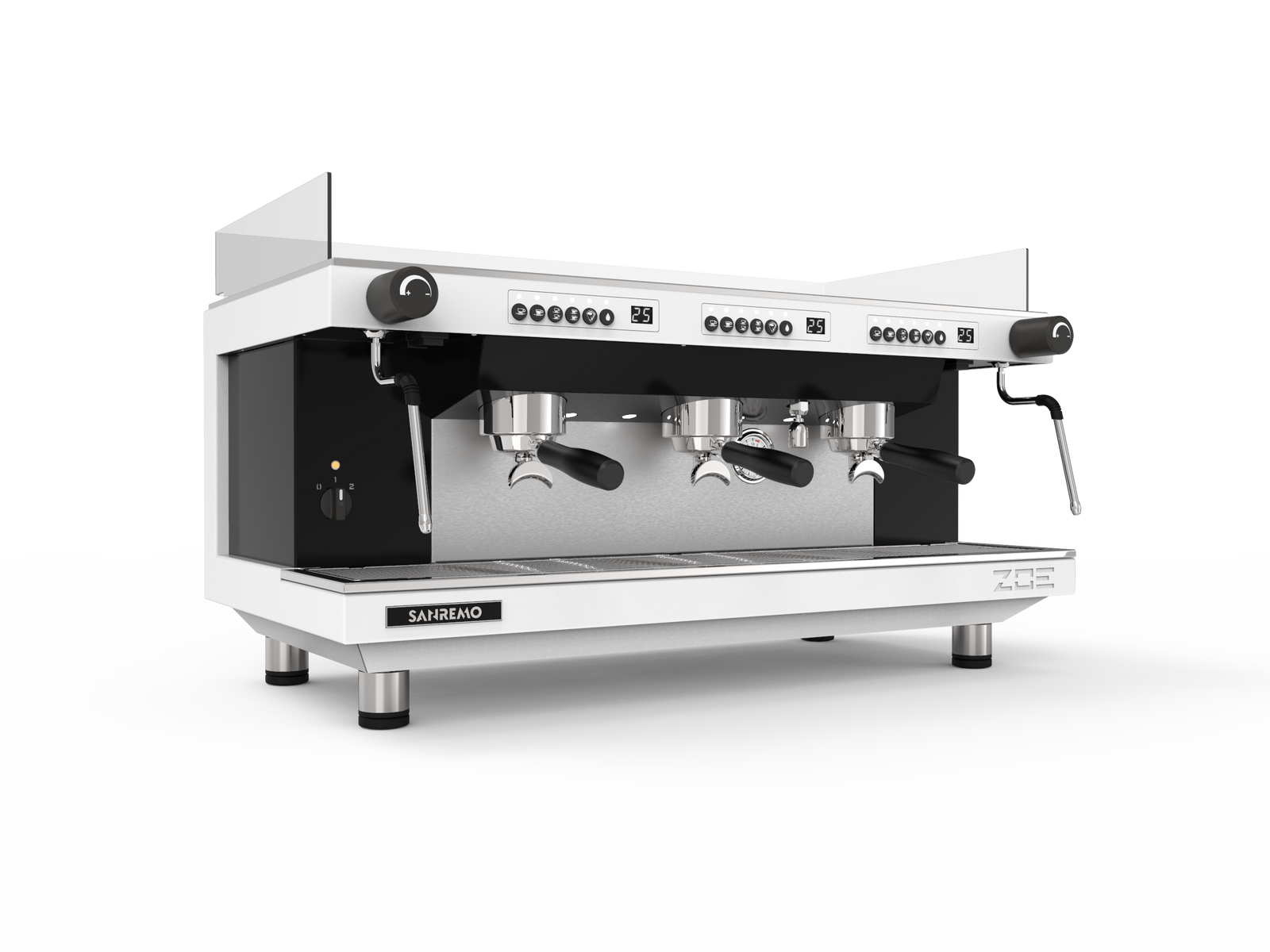 Sanremo ZOE Competition Espresso Machine 3GR White/Black front 3-4 for professional café use