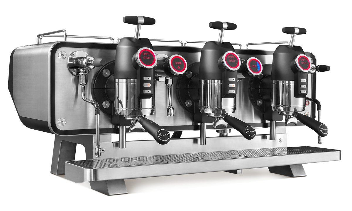 Angled view of the Sanremo Opera 3-group espresso machine in stainless steel, featuring its reflective body, multi-boiler system, and ergonomic design for professional barista workflows