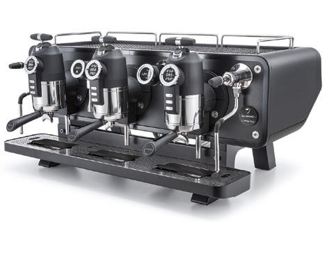 Sanremo Opera 3-group espresso machine in black with multi-boiler system, gear pumps on each group head, and sleek modern design